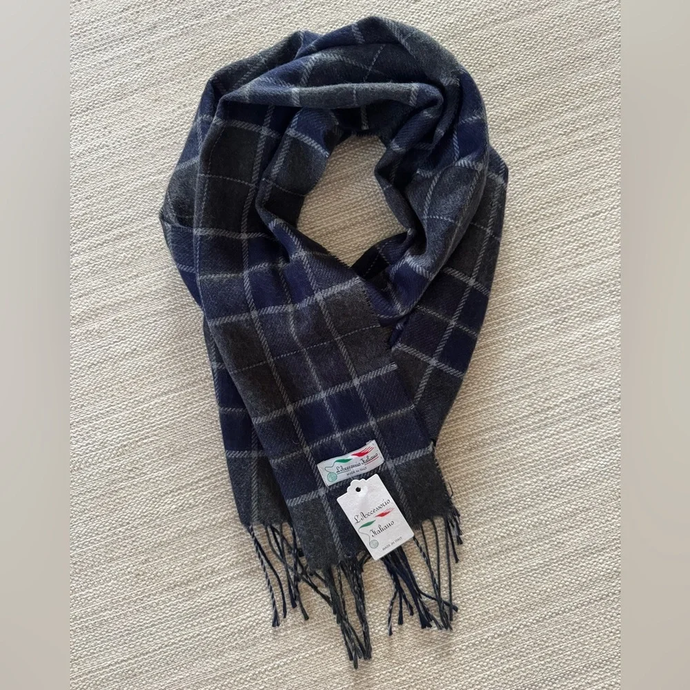 L’Accessorio Italiano blue gray plaid fringe warm‎ winter scarf men’s OS
